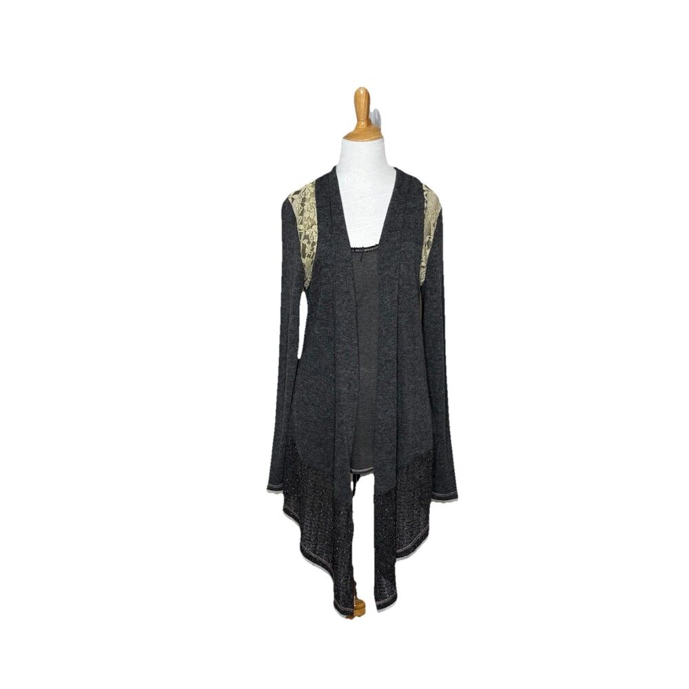 Miss Me Gray Open Front Lace Embellished Cardigan Duster Sweater and Tank Sz Med